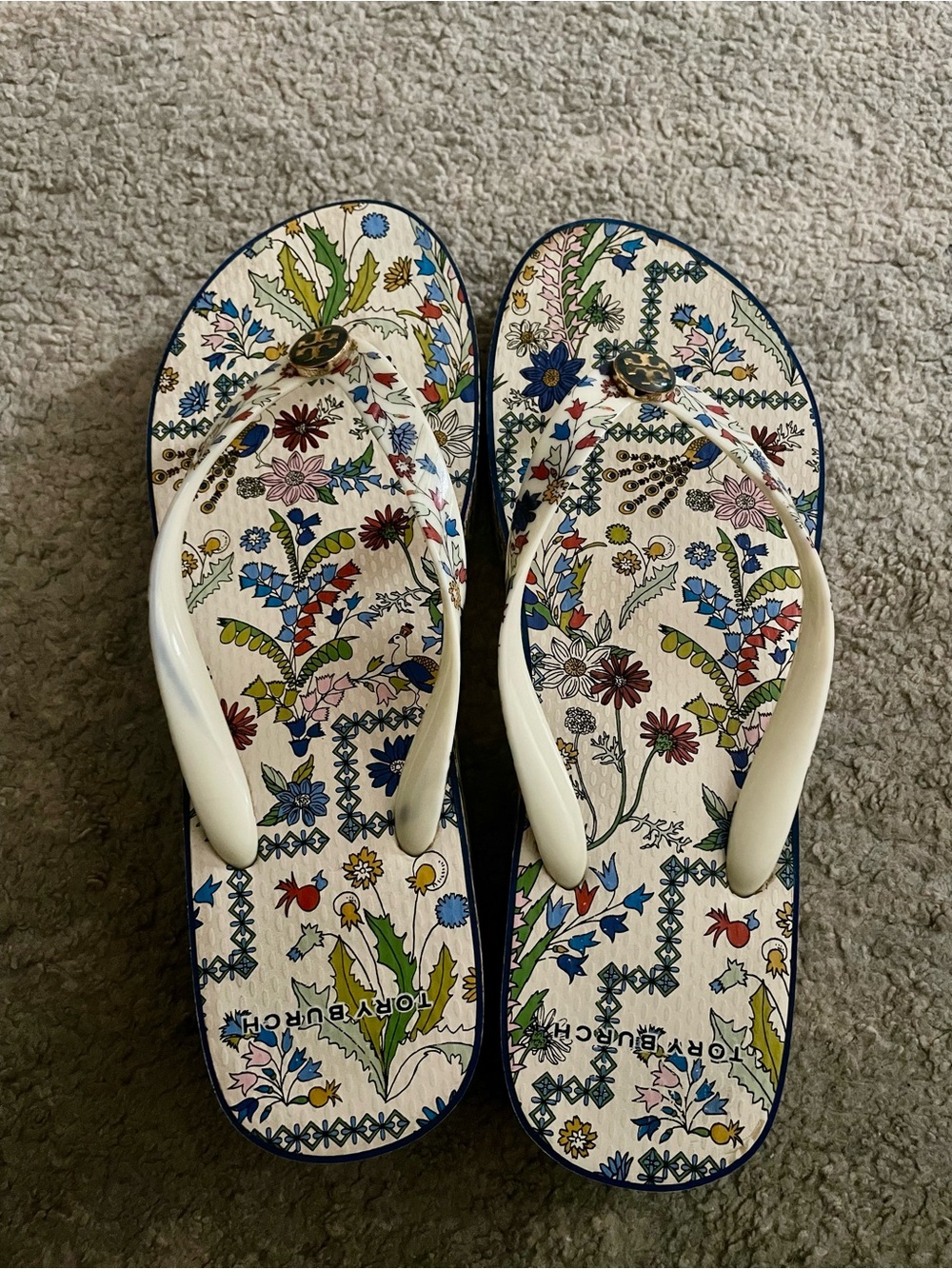 Tory Burch White Floral Logo Flip Flop Sandals